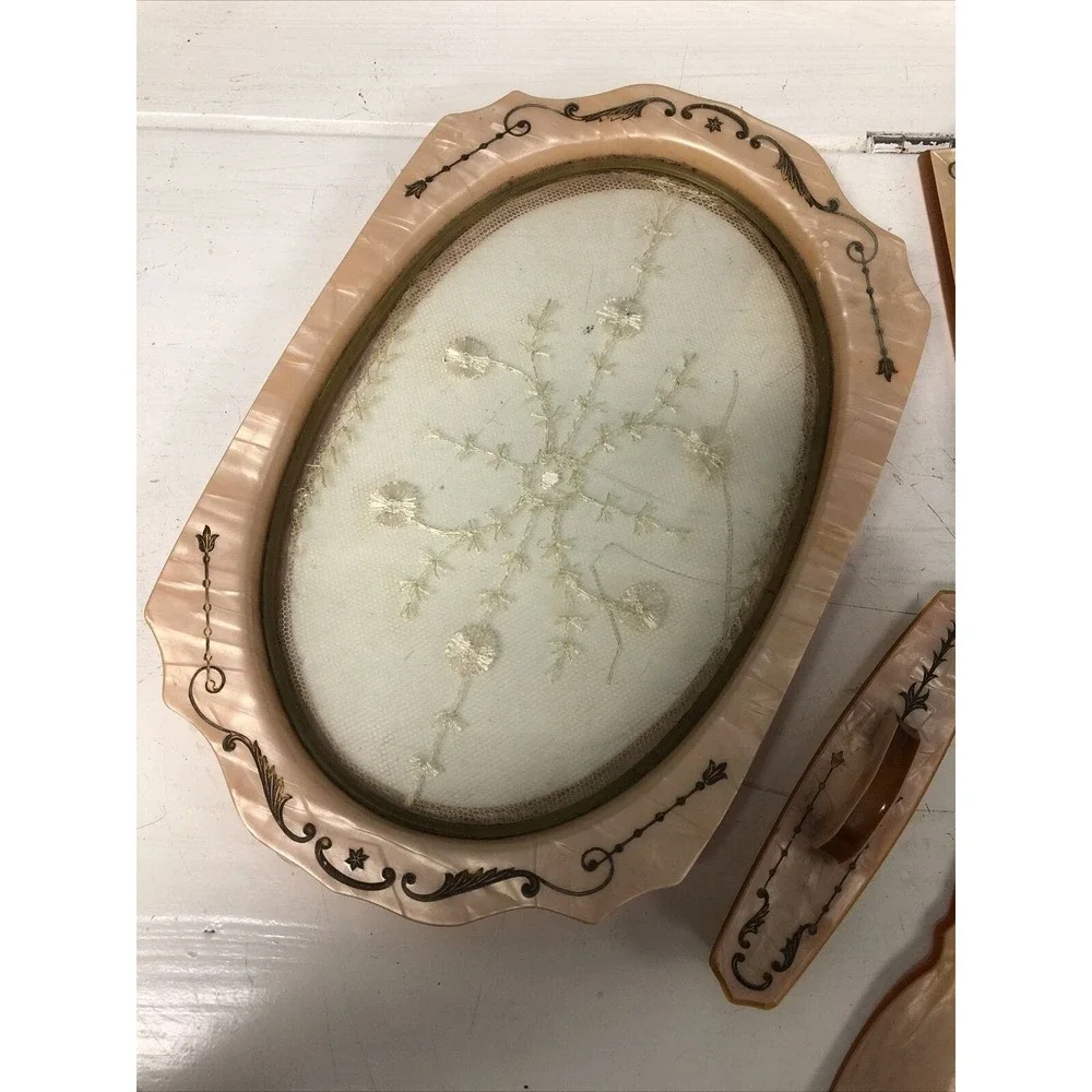 Vtg 4pc Vanity Set Beveled Pearlized Embossed Amber Dresser Tray Mirror Shoehorn
